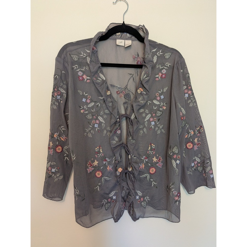 J. Jill Embroidered Sheer Mesh Ruffle Tie-Front Cardigan Top Gray Women Size L